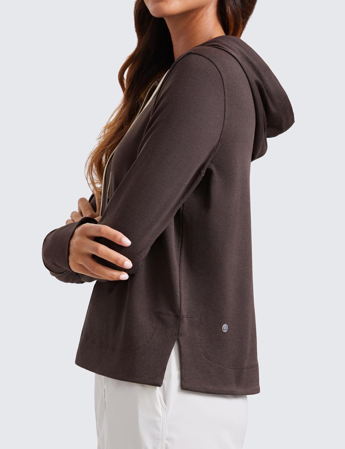 imageCRZ YOGA Cloud Jersey Pullover Hoodies for Women Long Sleeve Hooded Workout Sweat Shirts Casual Yoga Tops with Thumb HolesHot Fudge Brown