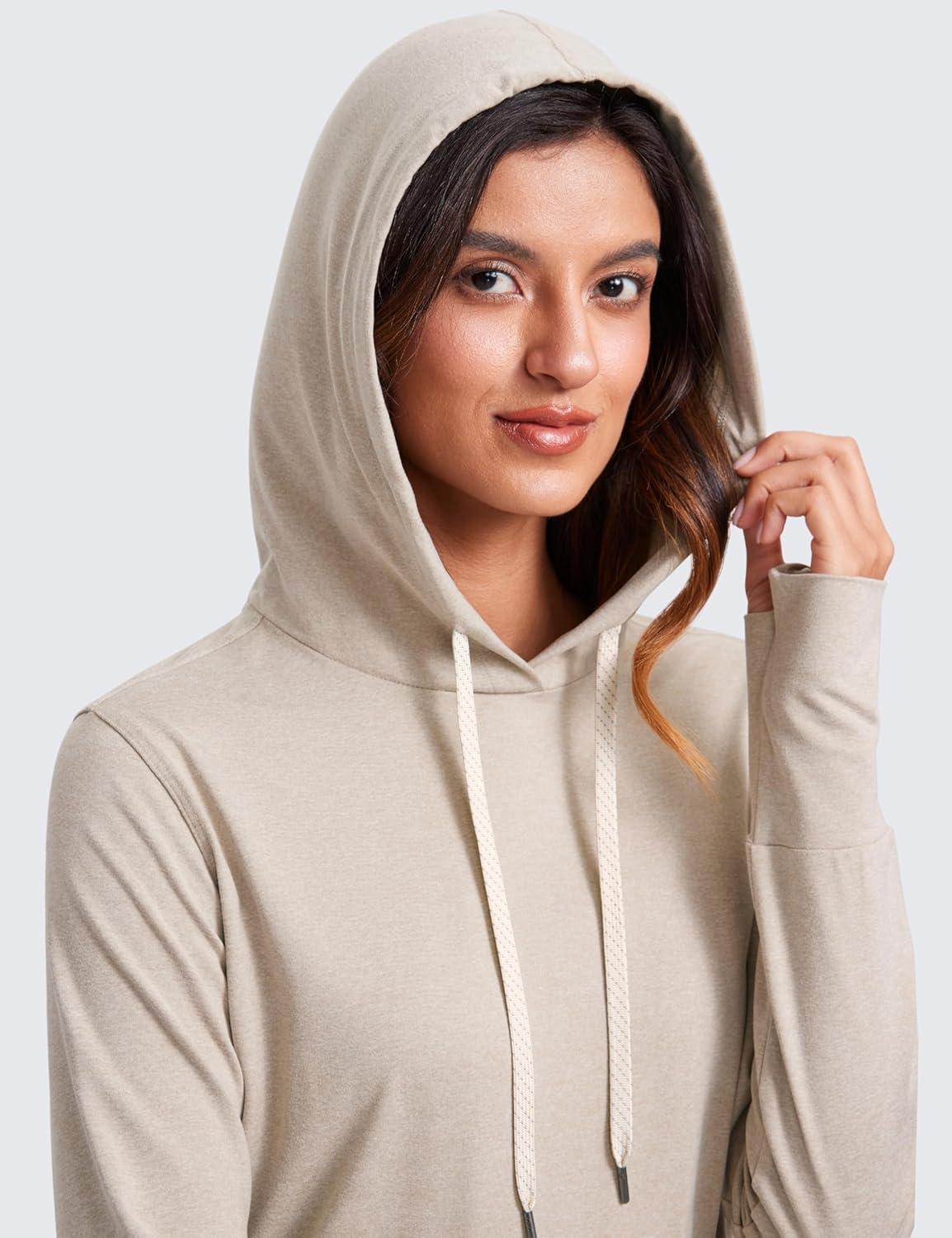 imageCRZ YOGA Cloud Jersey Pullover Hoodies for Women Long Sleeve Hooded Workout Sweat Shirts Casual Yoga Tops with Thumb HolesMojave Tan