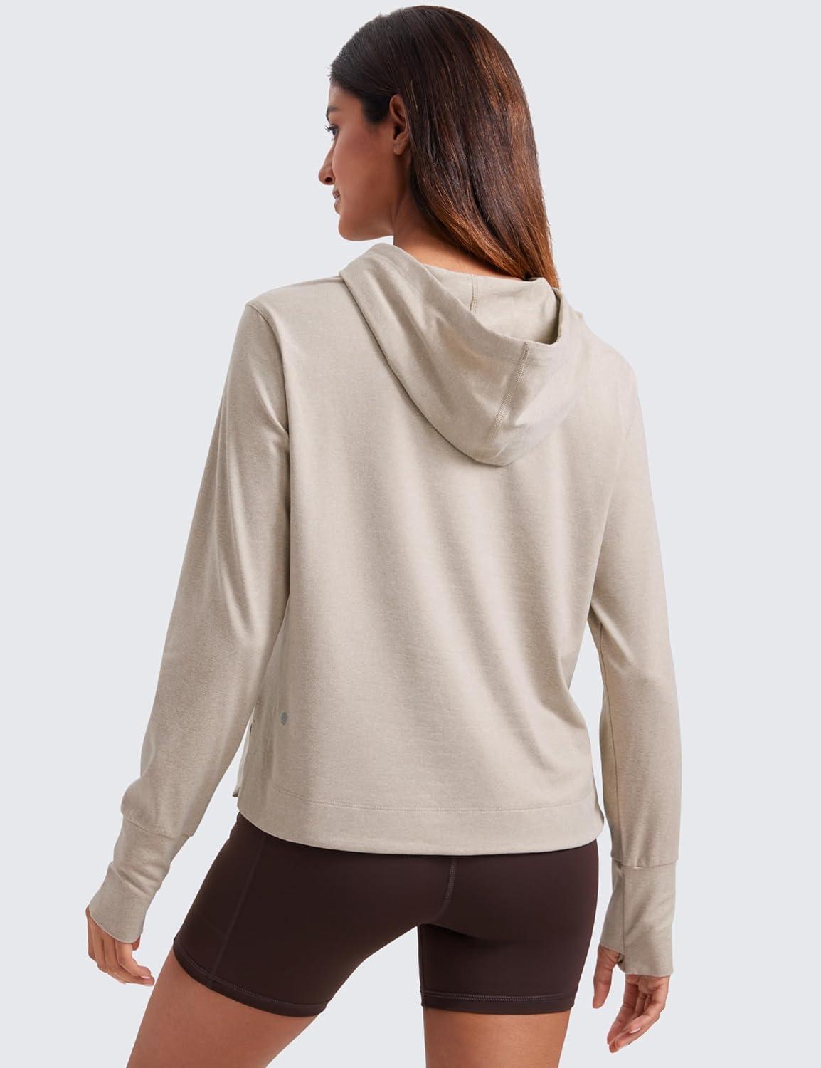 imageCRZ YOGA Cloud Jersey Pullover Hoodies for Women Long Sleeve Hooded Workout Sweat Shirts Casual Yoga Tops with Thumb HolesMojave Tan