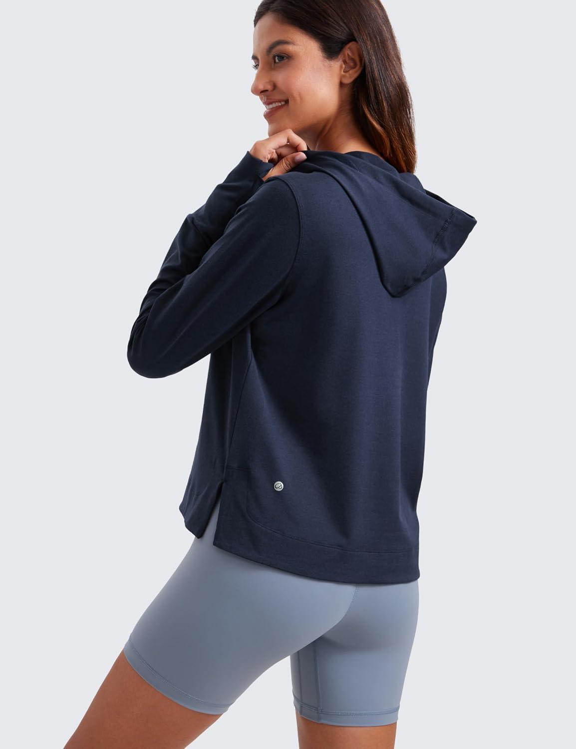 imageCRZ YOGA Cloud Jersey Pullover Hoodies for Women Long Sleeve Hooded Workout Sweat Shirts Casual Yoga Tops with Thumb HolesNavy
