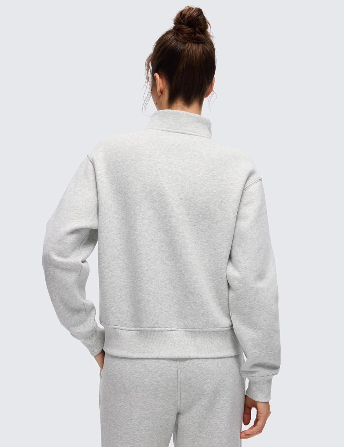 imageCRZ YOGA Cotton Fleece Lined Half Zip Sweatshirt for Women Pullover Funnel Neck Workout Casual Sweat Shirts with PocketDove Grey Heather