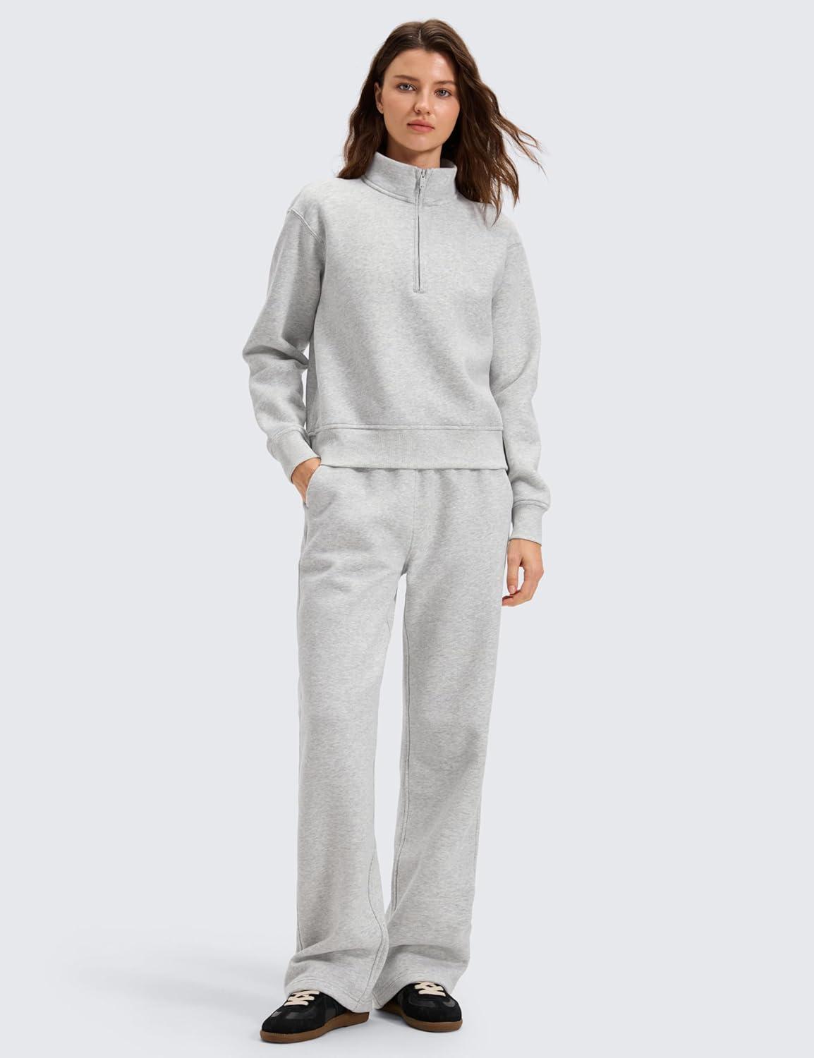 imageCRZ YOGA Cotton Fleece Lined Half Zip Sweatshirt for Women Pullover Funnel Neck Workout Casual Sweat Shirts with PocketDove Grey Heather