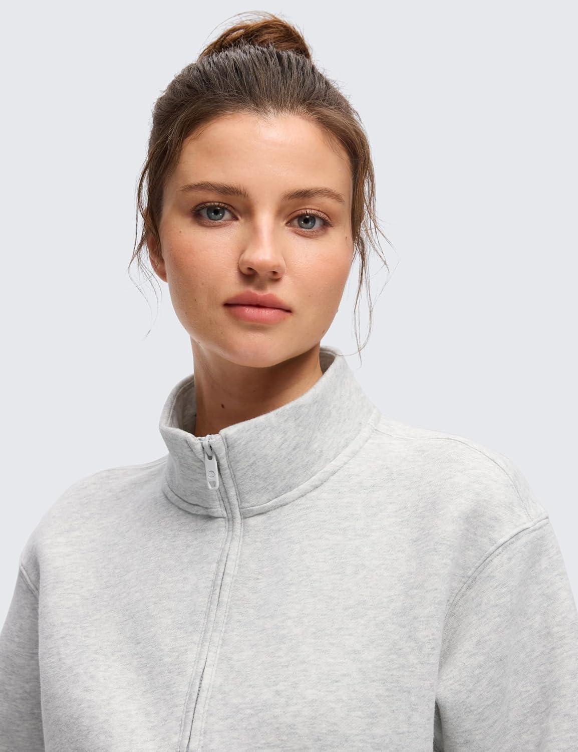 imageCRZ YOGA Cotton Fleece Lined Half Zip Sweatshirt for Women Pullover Funnel Neck Workout Casual Sweat Shirts with PocketDove Grey Heather