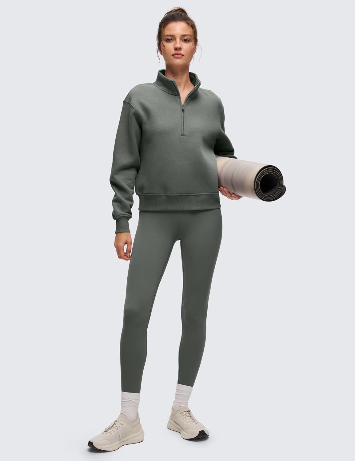 imageCRZ YOGA Cotton Fleece Lined Half Zip Sweatshirt for Women Pullover Funnel Neck Workout Casual Sweat Shirts with PocketGrey Sage