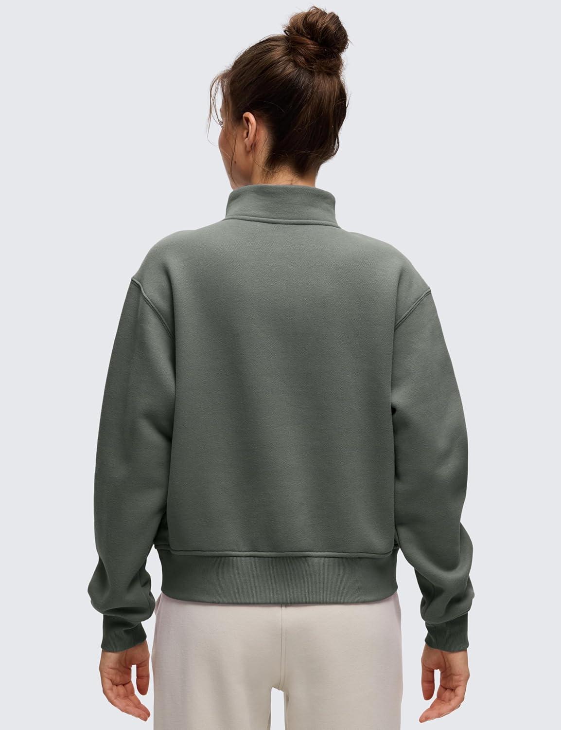 imageCRZ YOGA Cotton Fleece Lined Half Zip Sweatshirt for Women Pullover Funnel Neck Workout Casual Sweat Shirts with PocketGrey Sage