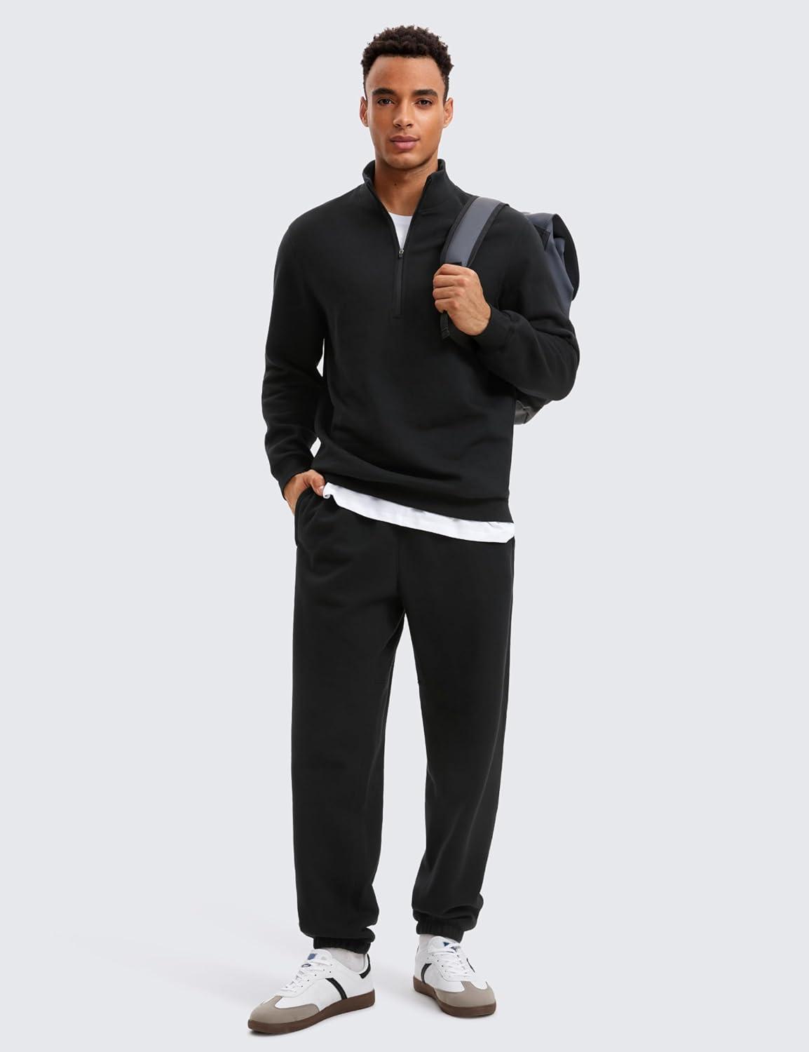 imageCRZ YOGA Cotton Fleece Lined Half Zip Sweatshirts for Men Mock Neck Pullover Sweat Shirts Casual Workout Daily SweatersBlack