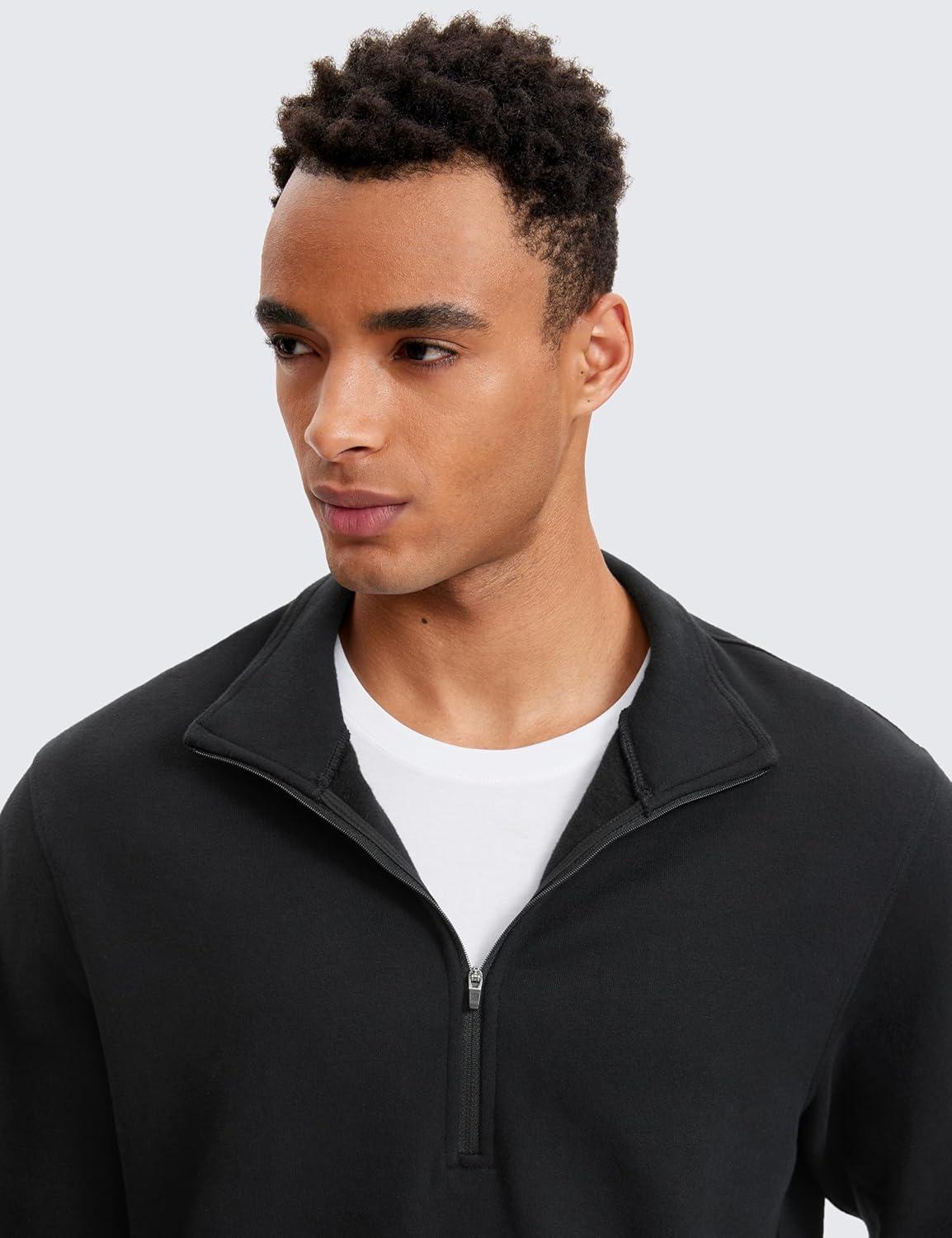 imageCRZ YOGA Cotton Fleece Lined Half Zip Sweatshirts for Men Mock Neck Pullover Sweat Shirts Casual Workout Daily SweatersBlack