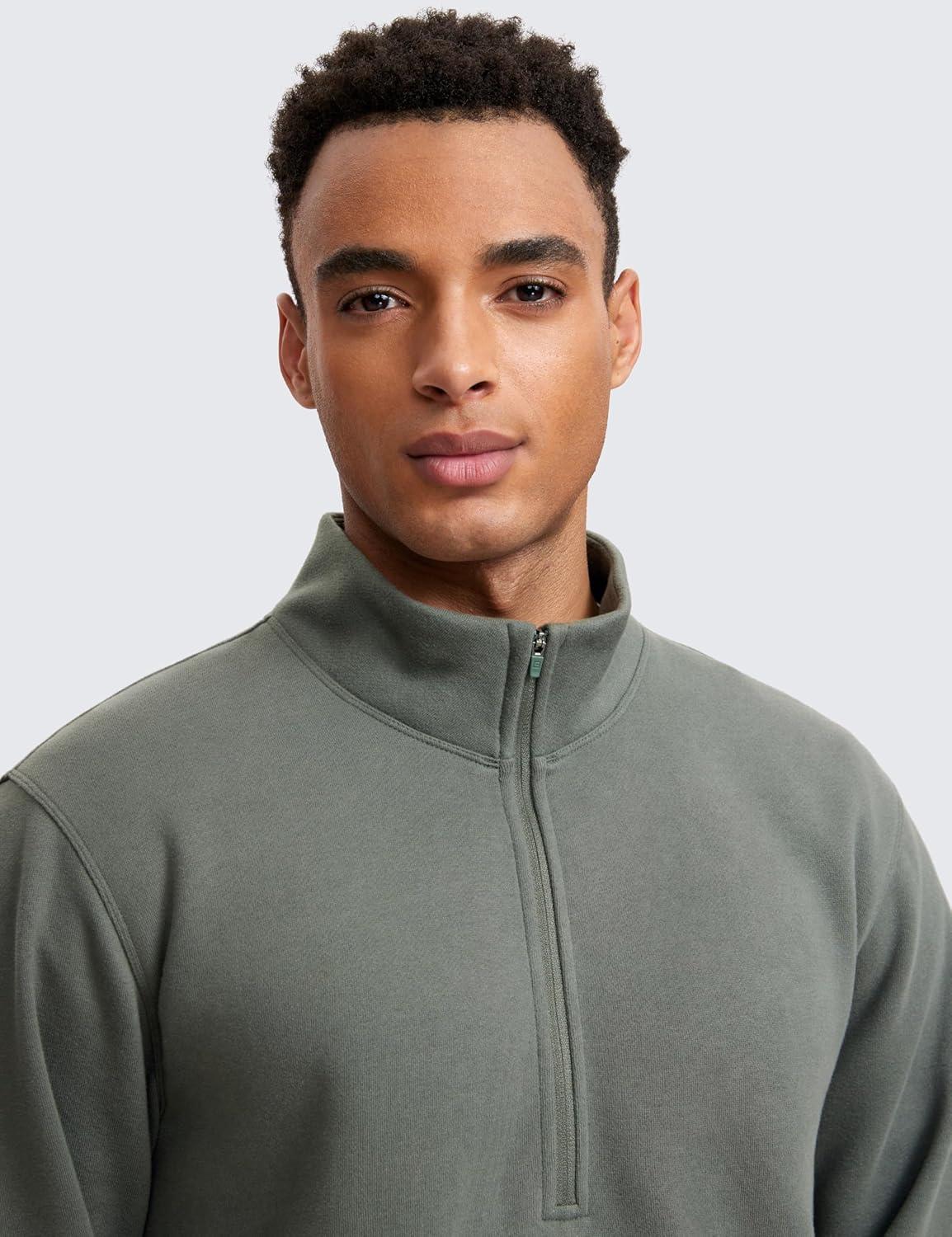 imageCRZ YOGA Cotton Fleece Lined Half Zip Sweatshirts for Men Mock Neck Pullover Sweat Shirts Casual Workout Daily SweatersGrey Sage