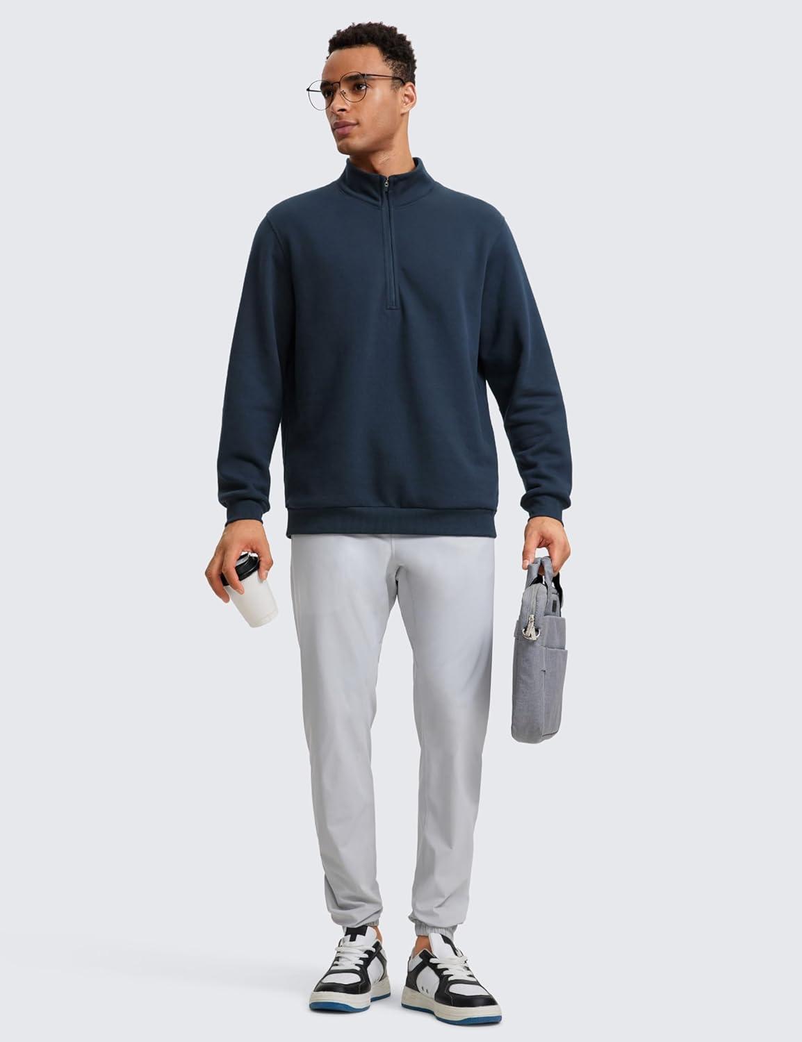 imageCRZ YOGA Cotton Fleece Lined Half Zip Sweatshirts for Men Mock Neck Pullover Sweat Shirts Casual Workout Daily SweatersInk Blue