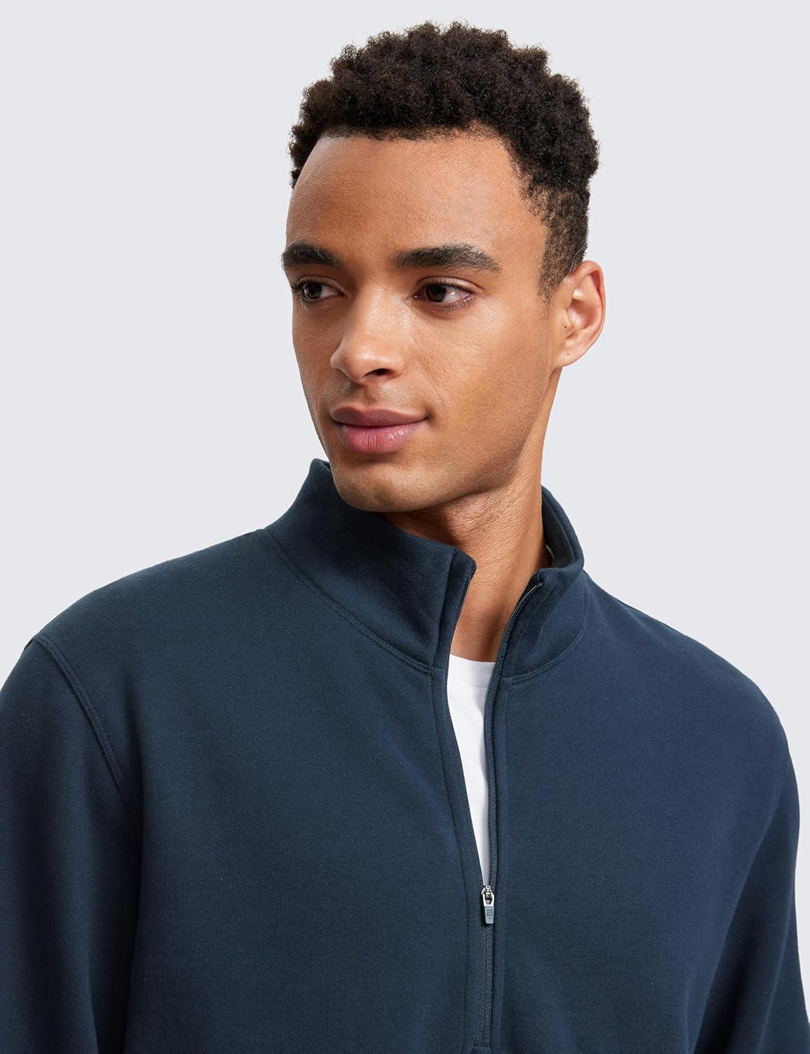 imageCRZ YOGA Cotton Fleece Lined Half Zip Sweatshirts for Men Mock Neck Pullover Sweat Shirts Casual Workout Daily SweatersInk Blue