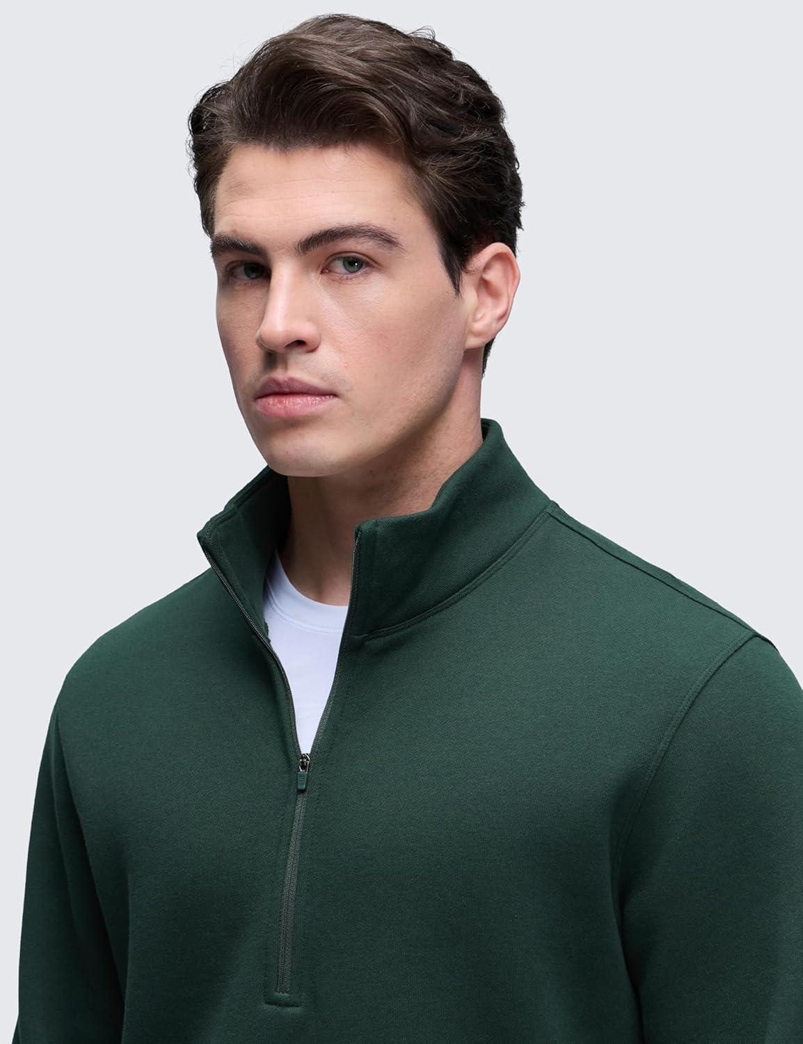 imageCRZ YOGA Cotton Fleece Lined Half Zip Sweatshirts for Men Mock Neck Pullover Sweat Shirts Casual Workout Daily SweatersLegend Green