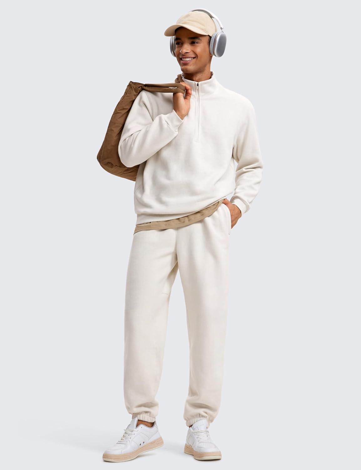 imageCRZ YOGA Cotton Fleece Lined Half Zip Sweatshirts for Men Mock Neck Pullover Sweat Shirts Casual Workout Daily SweatersMilky White Bone