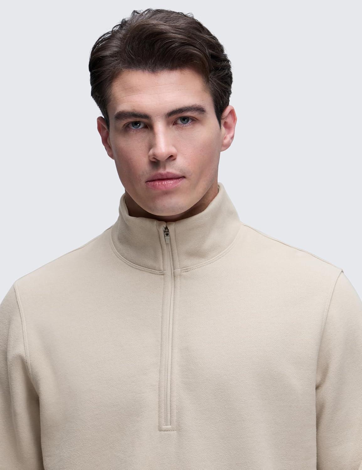 imageCRZ YOGA Cotton Fleece Lined Half Zip Sweatshirts for Men Mock Neck Pullover Sweat Shirts Casual Workout Daily SweatersMojave Tan
