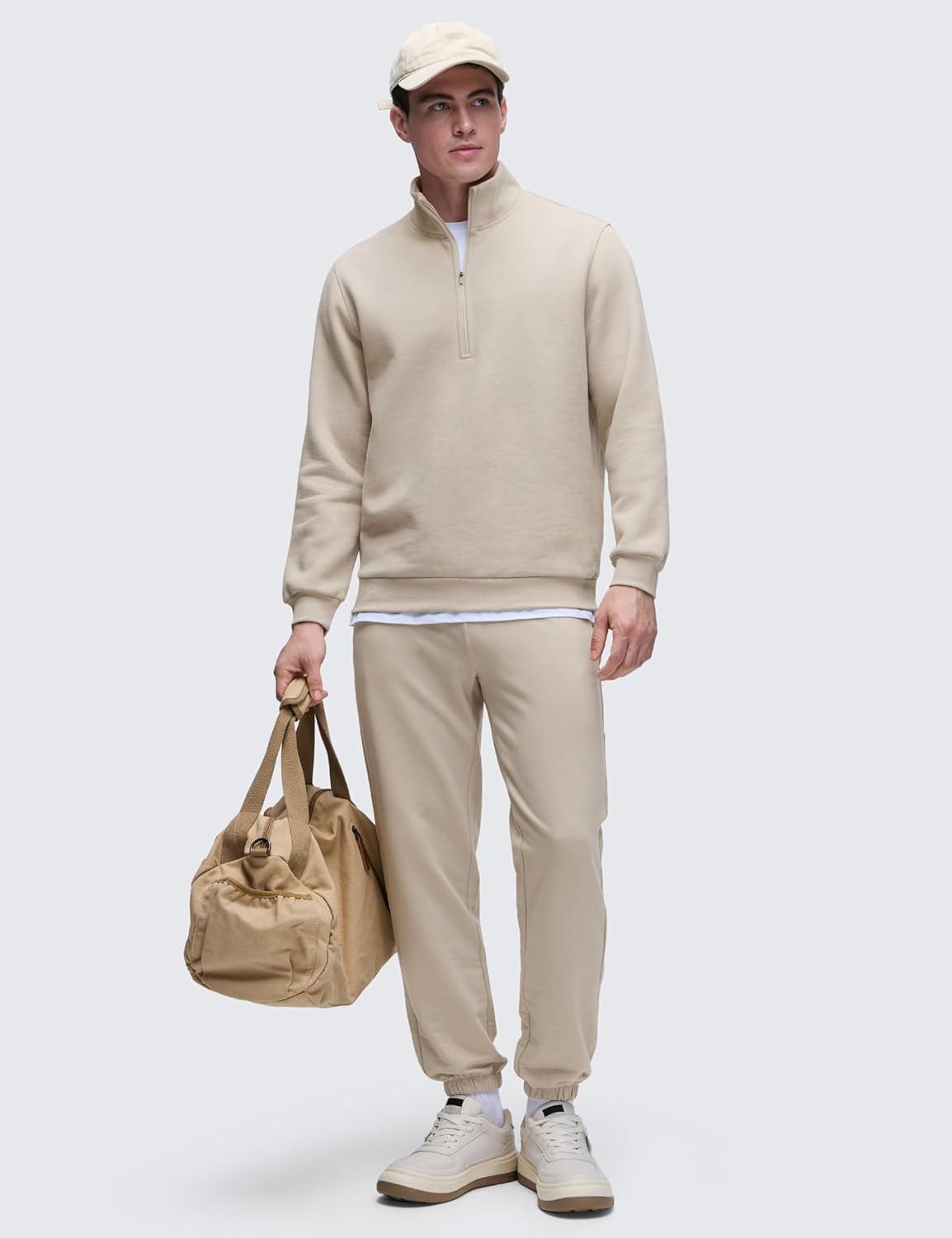 imageCRZ YOGA Cotton Fleece Lined Half Zip Sweatshirts for Men Mock Neck Pullover Sweat Shirts Casual Workout Daily SweatersMojave Tan