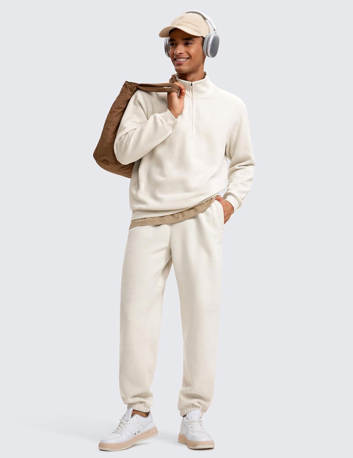 imageCRZ YOGA Cotton Fleece Lined Half Zip Sweatshirts for Men Mock Neck Pullover Sweat Shirts Casual Workout Daily SweatersWhite Apricot