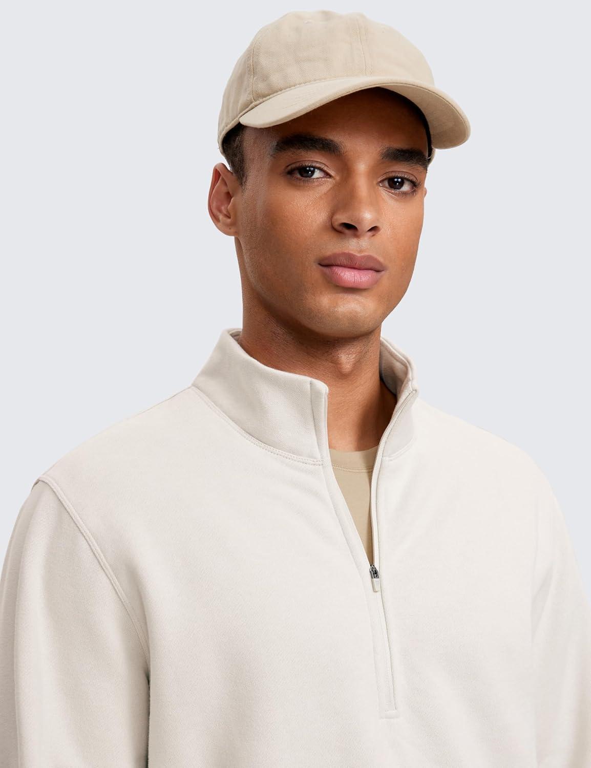 imageCRZ YOGA Cotton Fleece Lined Half Zip Sweatshirts for Men Mock Neck Pullover Sweat Shirts Casual Workout Daily SweatersWhite Apricot