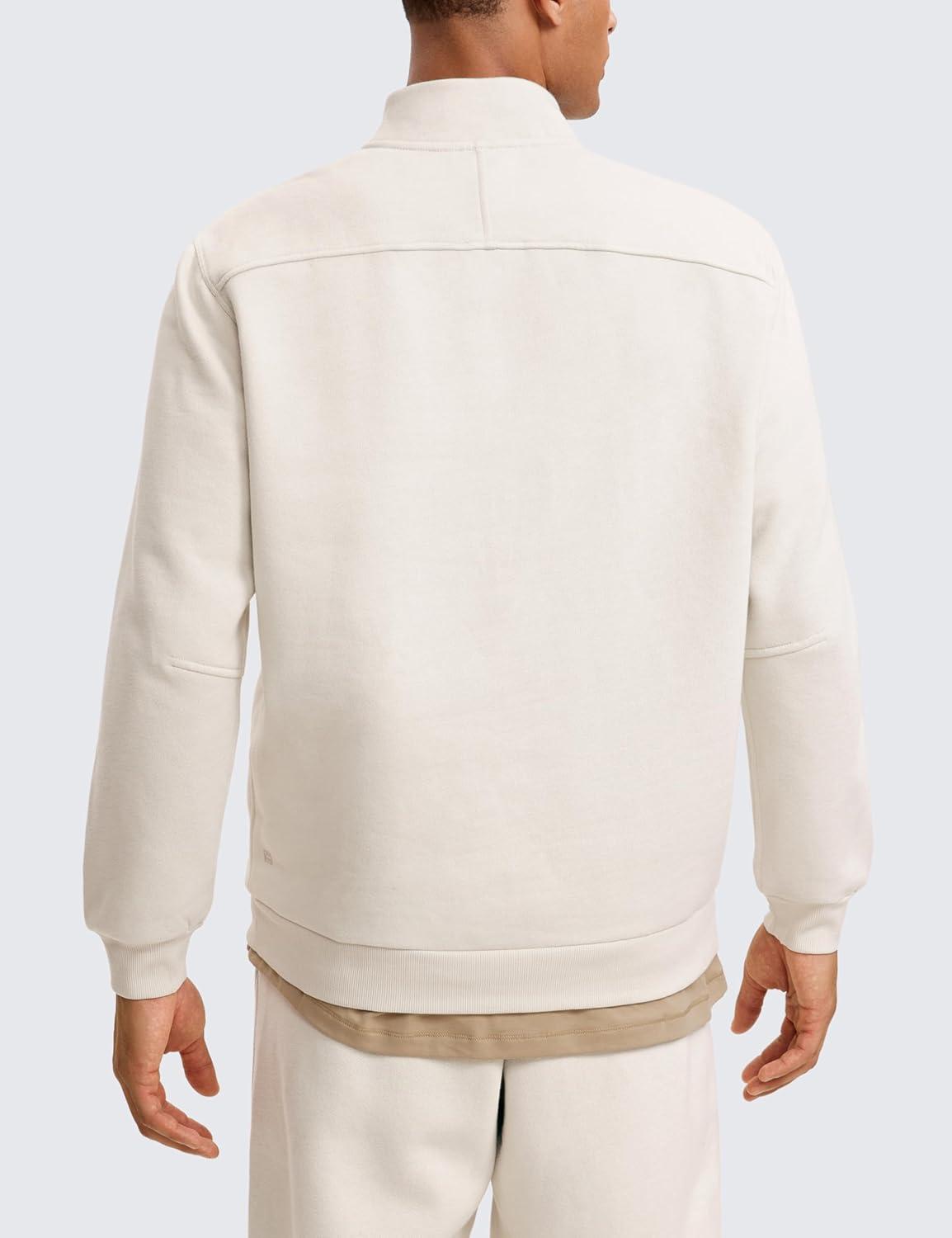 imageCRZ YOGA Cotton Fleece Lined Half Zip Sweatshirts for Men Mock Neck Pullover Sweat Shirts Casual Workout Daily SweatersWhite Apricot