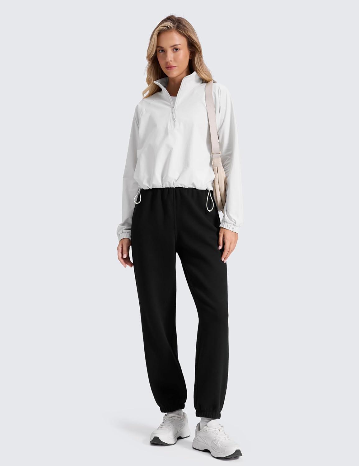 imageCRZ YOGA Cotton Fleece Lined Jogger Sweatpants Women 28quot Casual Lounge Travel Pants with Pockets Winter WarmBlack