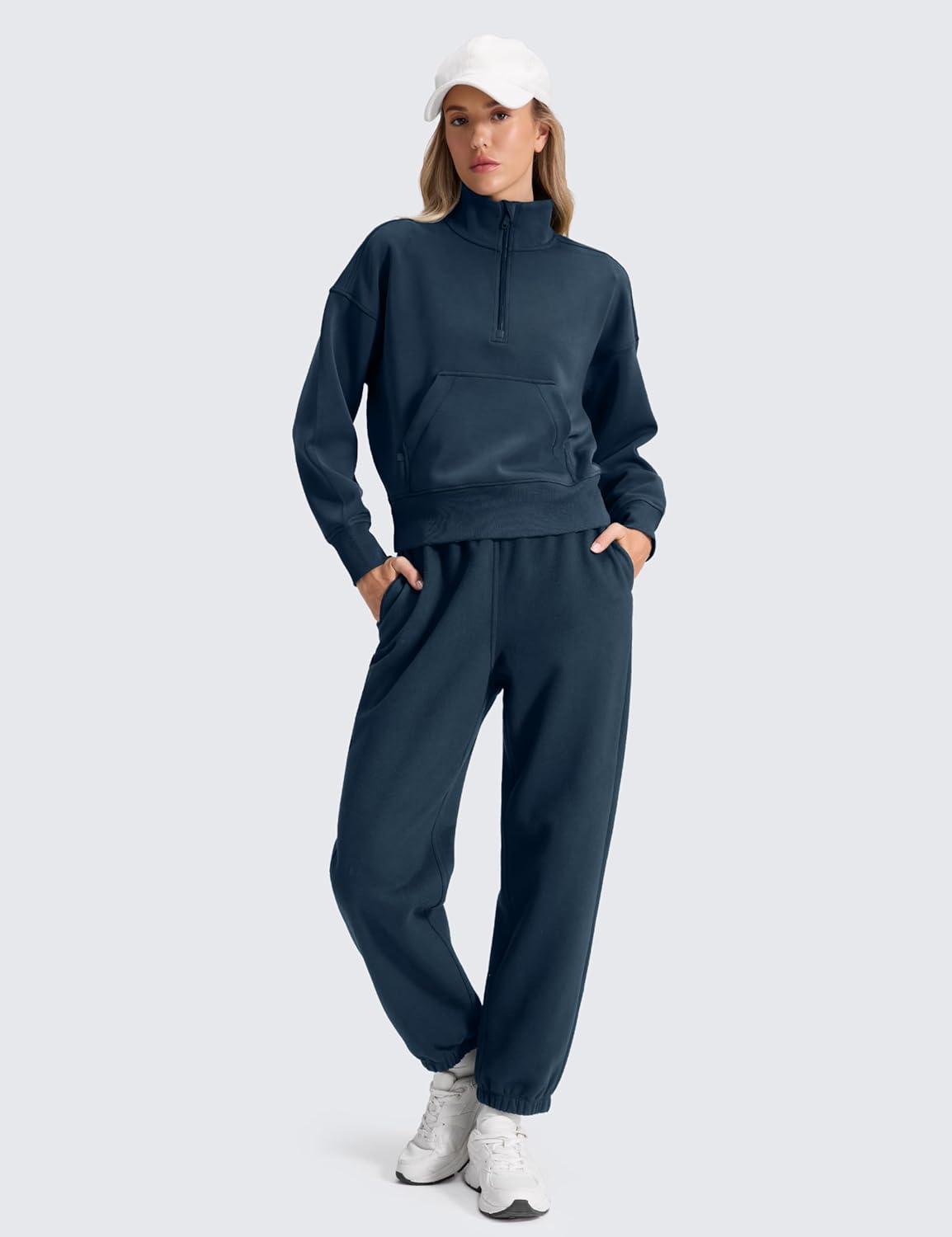 imageCRZ YOGA Cotton Fleece Lined Jogger Sweatpants Women 28quot Casual Lounge Travel Pants with Pockets Winter WarmInk Blue