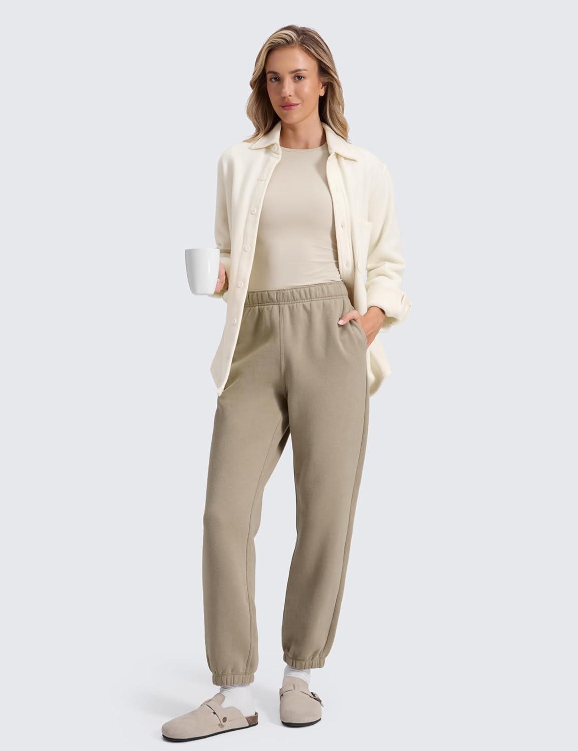 imageCRZ YOGA Cotton Fleece Lined Jogger Sweatpants Women 28quot Casual Lounge Travel Pants with Pockets Winter WarmOak