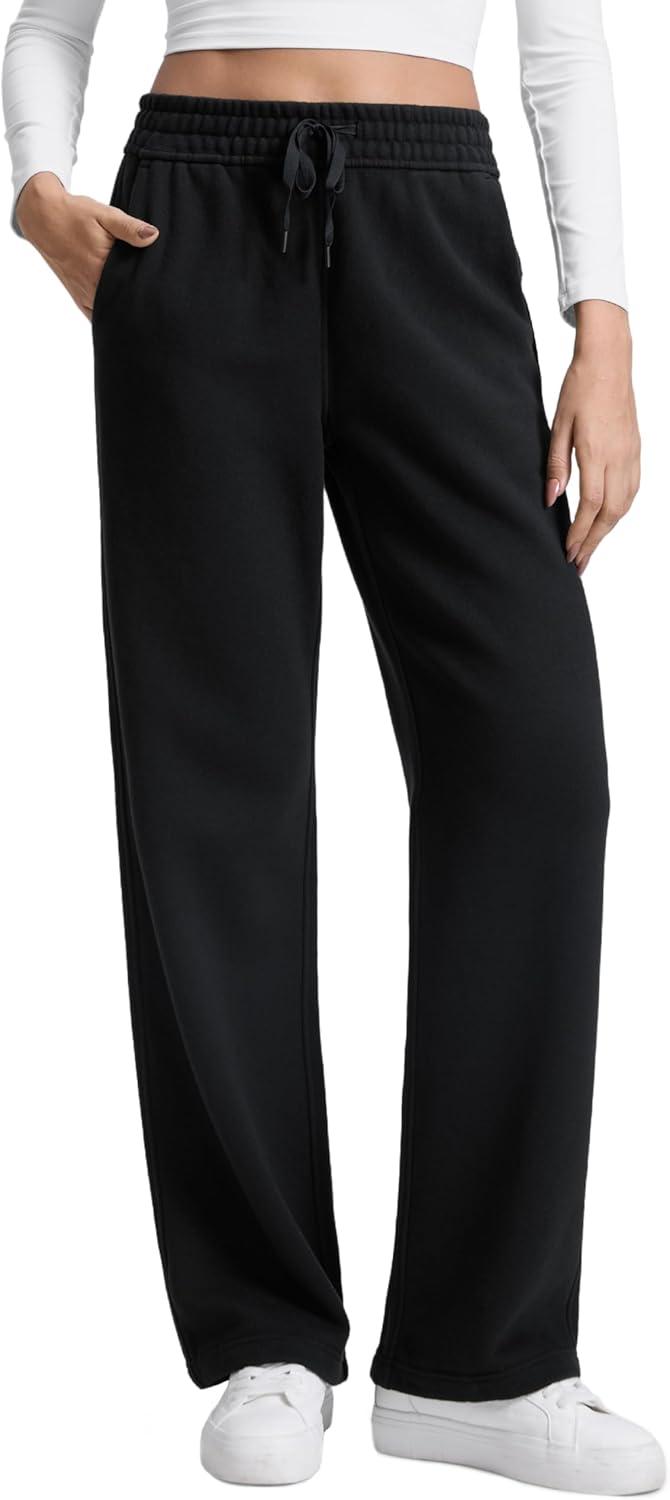 imageCRZ YOGA Cotton Fleece Lined Sweatpants Women 28quot30quot32quot Straight Leg Casual Lounge Pants with Pockets Winter WarmBlack