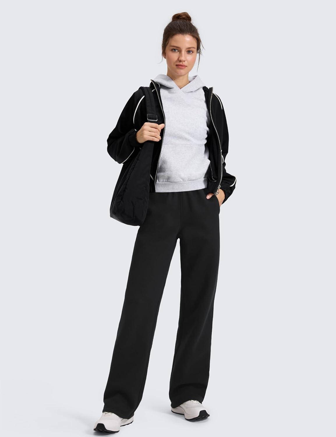 imageCRZ YOGA Cotton Fleece Lined Sweatpants Women 28quot30quot32quot Straight Leg Casual Lounge Pants with Pockets Winter WarmBlack