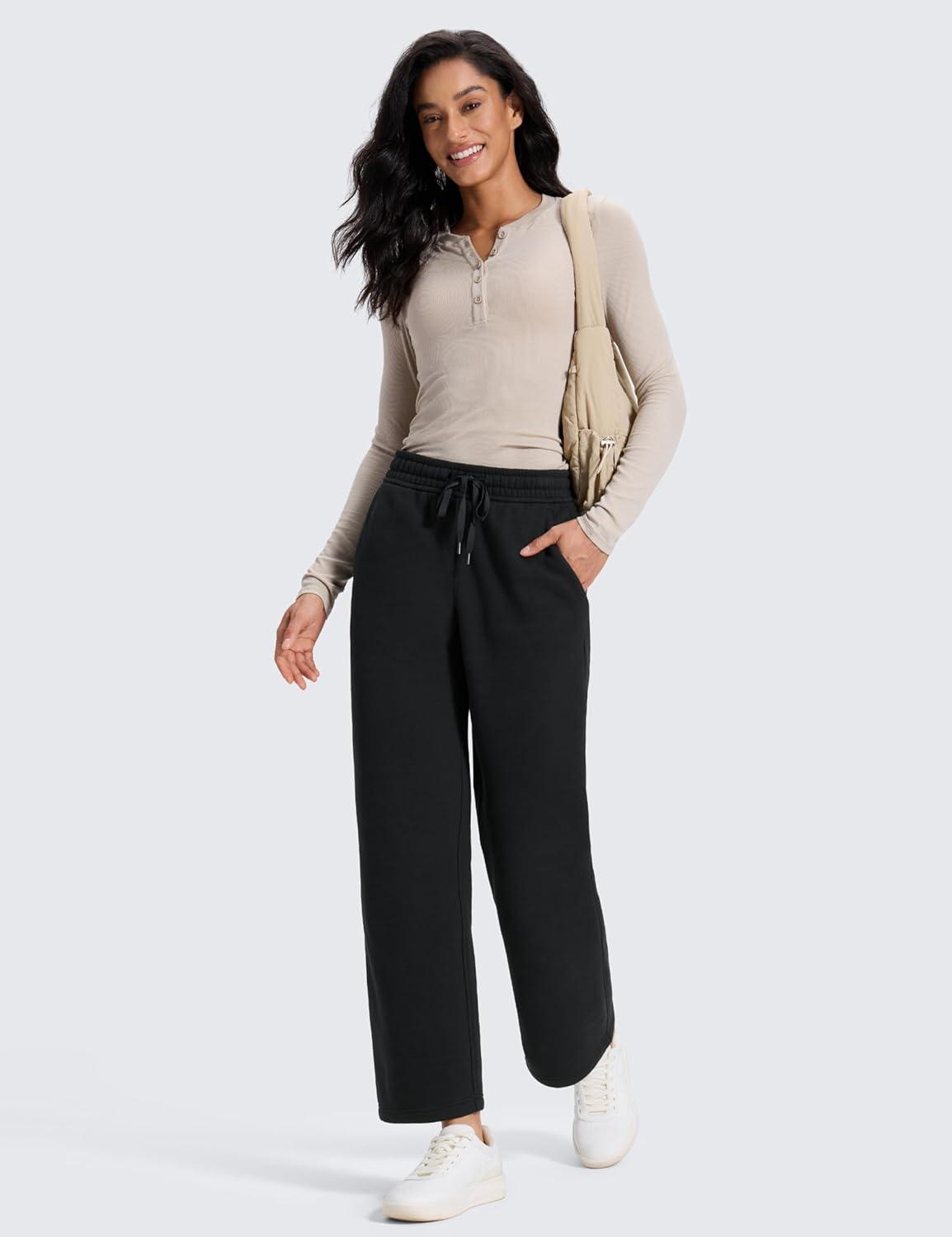 imageCRZ YOGA Cotton Fleece Lined Sweatpants Women 28quot30quot32quot Straight Leg Casual Lounge Pants with Pockets Winter WarmBlack