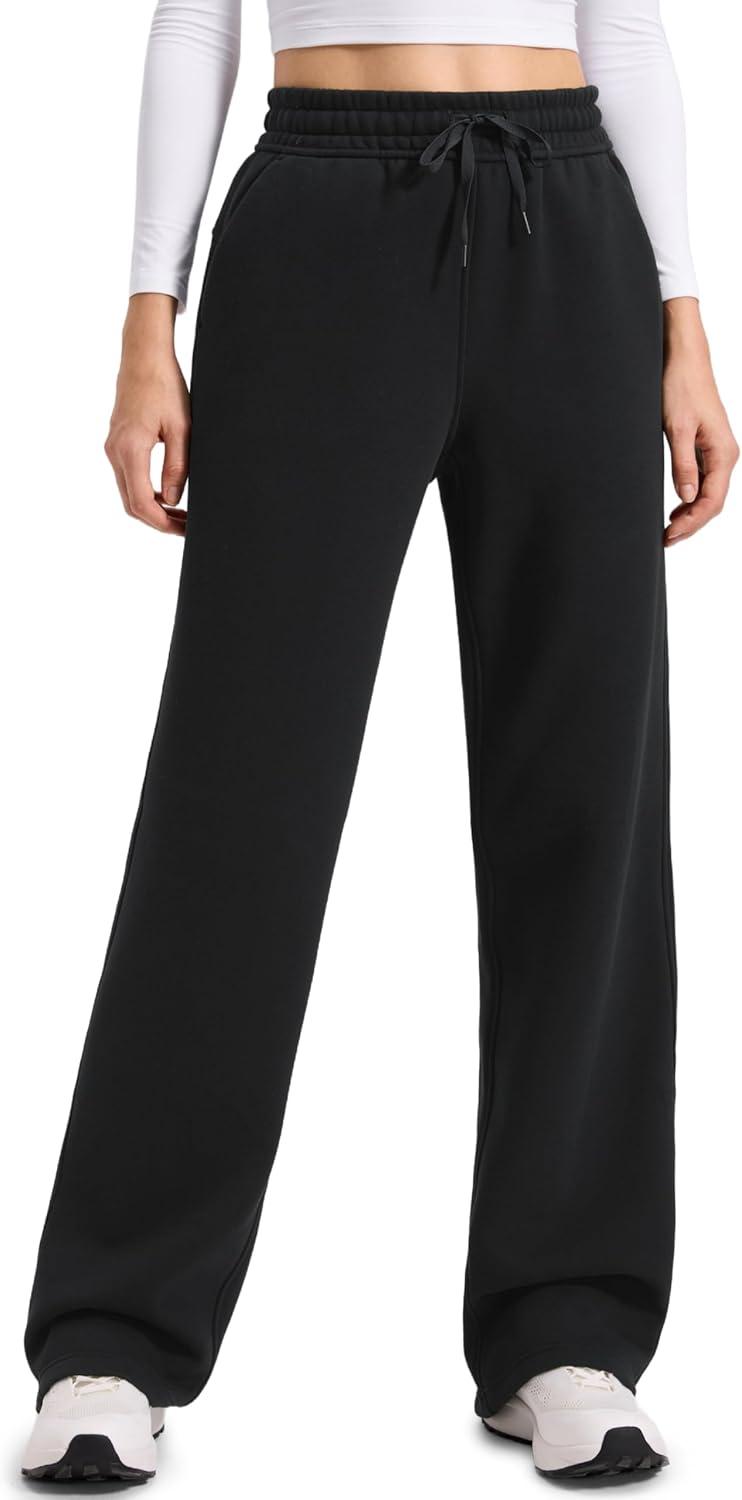 imageCRZ YOGA Cotton Fleece Lined Sweatpants Women 28quot30quot32quot Straight Leg Casual Lounge Pants with Pockets Winter WarmBlack