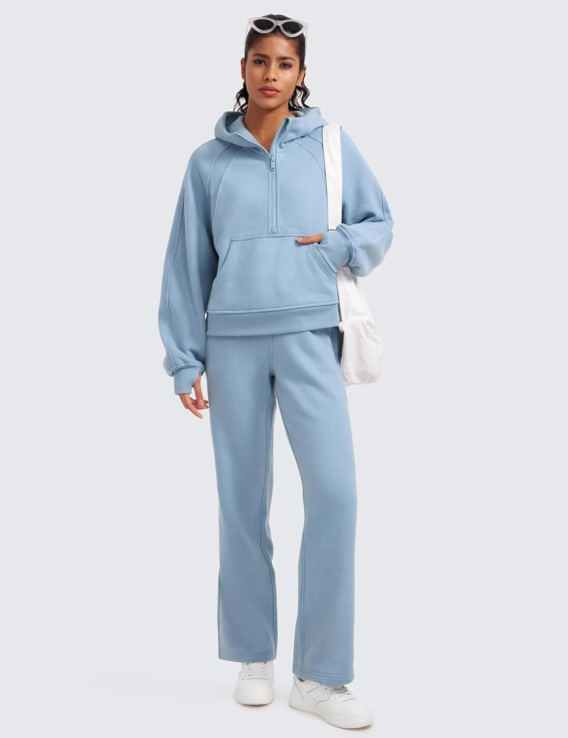 imageCRZ YOGA Cotton Fleece Lined Sweatpants Women 28quot30quot32quot Straight Leg Casual Lounge Pants with Pockets Winter WarmCambric Blue