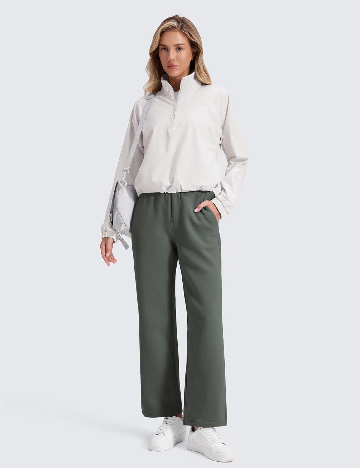 imageCRZ YOGA Cotton Fleece Lined Sweatpants Women 28quot30quot32quot Straight Leg Casual Lounge Pants with Pockets Winter WarmGrey Sage