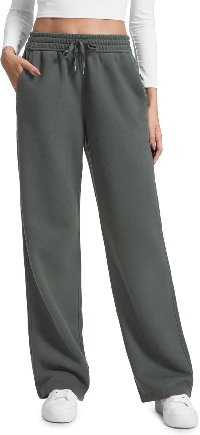 imageCRZ YOGA Cotton Fleece Lined Sweatpants Women 28quot30quot32quot Straight Leg Casual Lounge Pants with Pockets Winter WarmGrey Sage