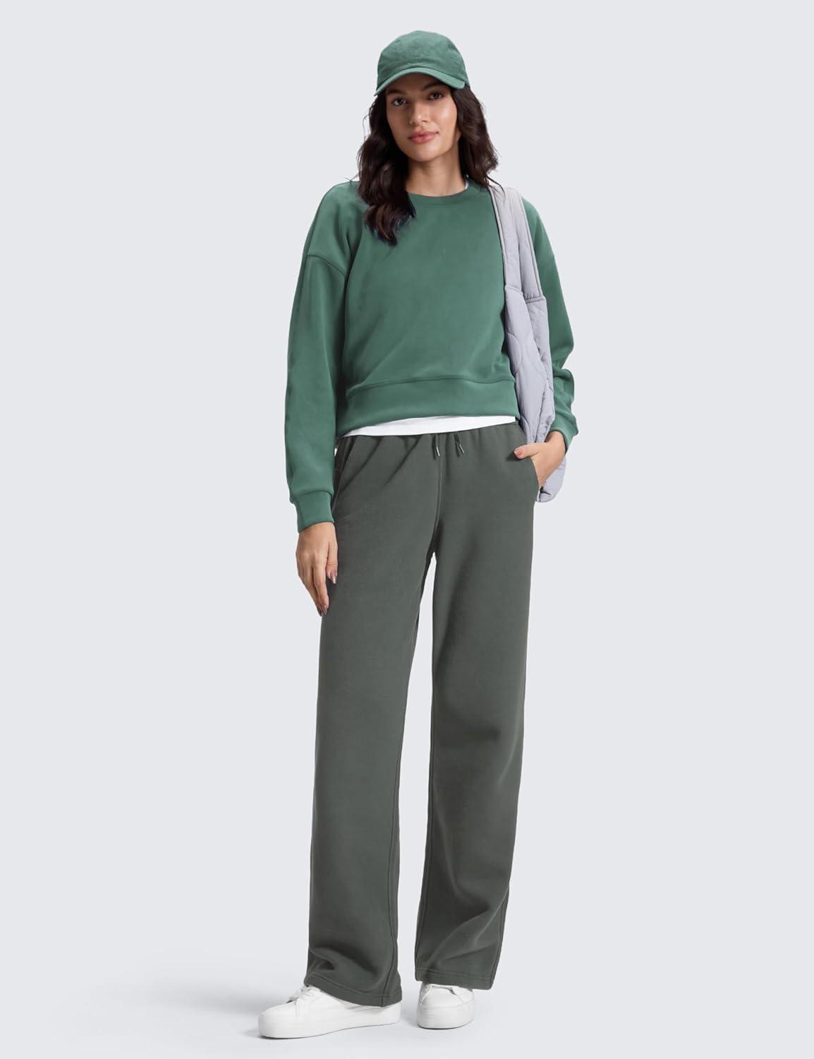 imageCRZ YOGA Cotton Fleece Lined Sweatpants Women 28quot30quot32quot Straight Leg Casual Lounge Pants with Pockets Winter WarmGrey Sage