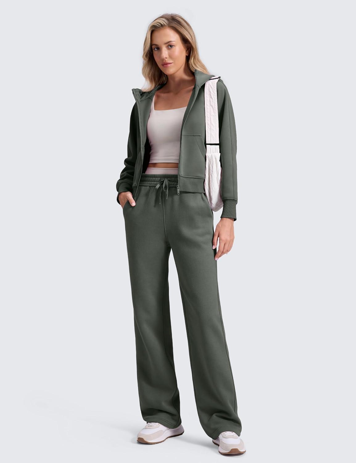 imageCRZ YOGA Cotton Fleece Lined Sweatpants Women 28quot30quot32quot Straight Leg Casual Lounge Pants with Pockets Winter WarmGrey Sage