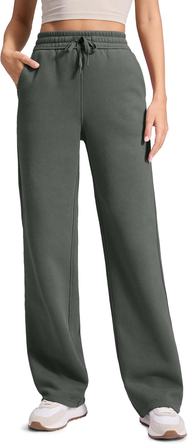 imageCRZ YOGA Cotton Fleece Lined Sweatpants Women 28quot30quot32quot Straight Leg Casual Lounge Pants with Pockets Winter WarmGrey Sage