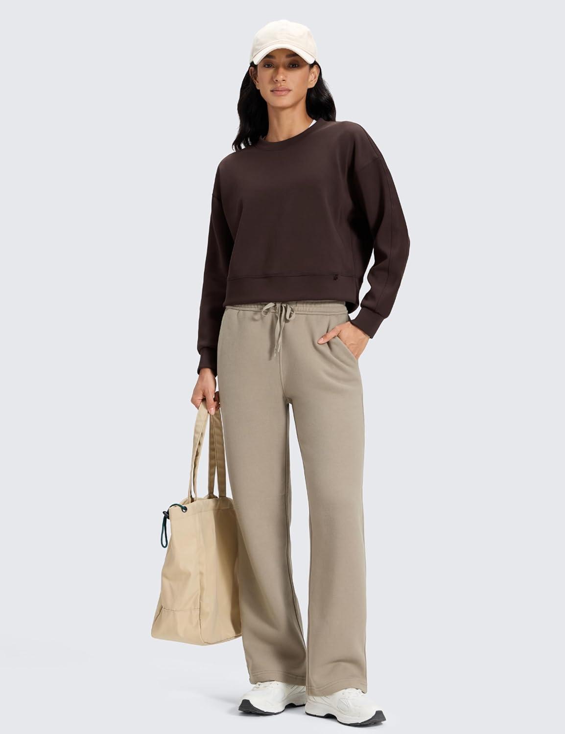 imageCRZ YOGA Cotton Fleece Lined Sweatpants Women 28quot30quot32quot Straight Leg Casual Lounge Pants with Pockets Winter WarmOak