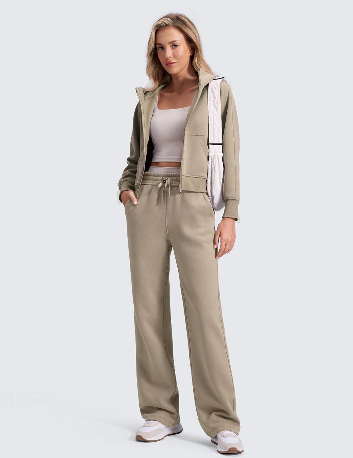 imageCRZ YOGA Cotton Fleece Lined Sweatpants Women 28quot30quot32quot Straight Leg Casual Lounge Pants with Pockets Winter WarmOak