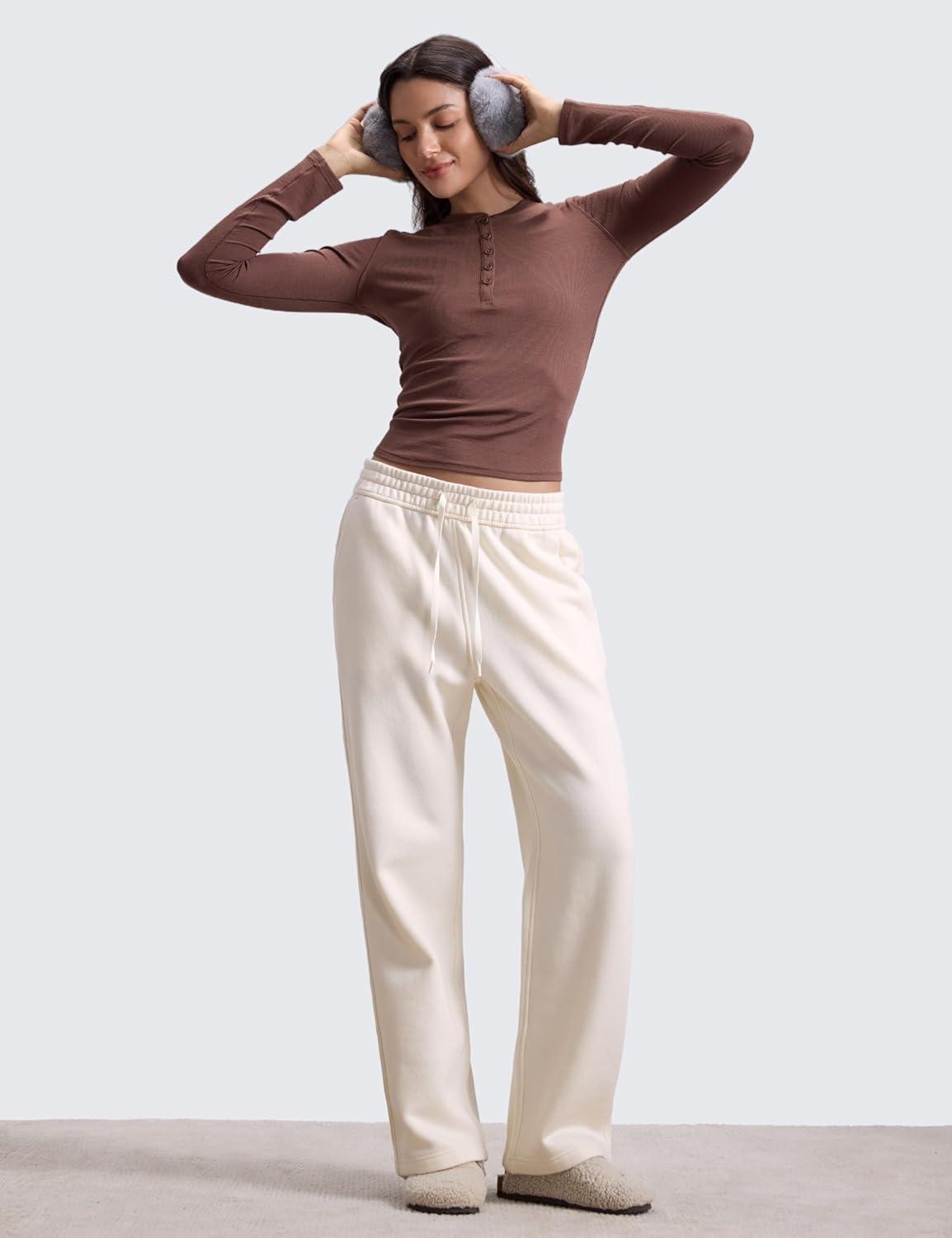 imageCRZ YOGA Cotton Fleece Lined Sweatpants Women 28quot30quot32quot Straight Leg Casual Lounge Pants with Pockets Winter WarmWhite Apricot