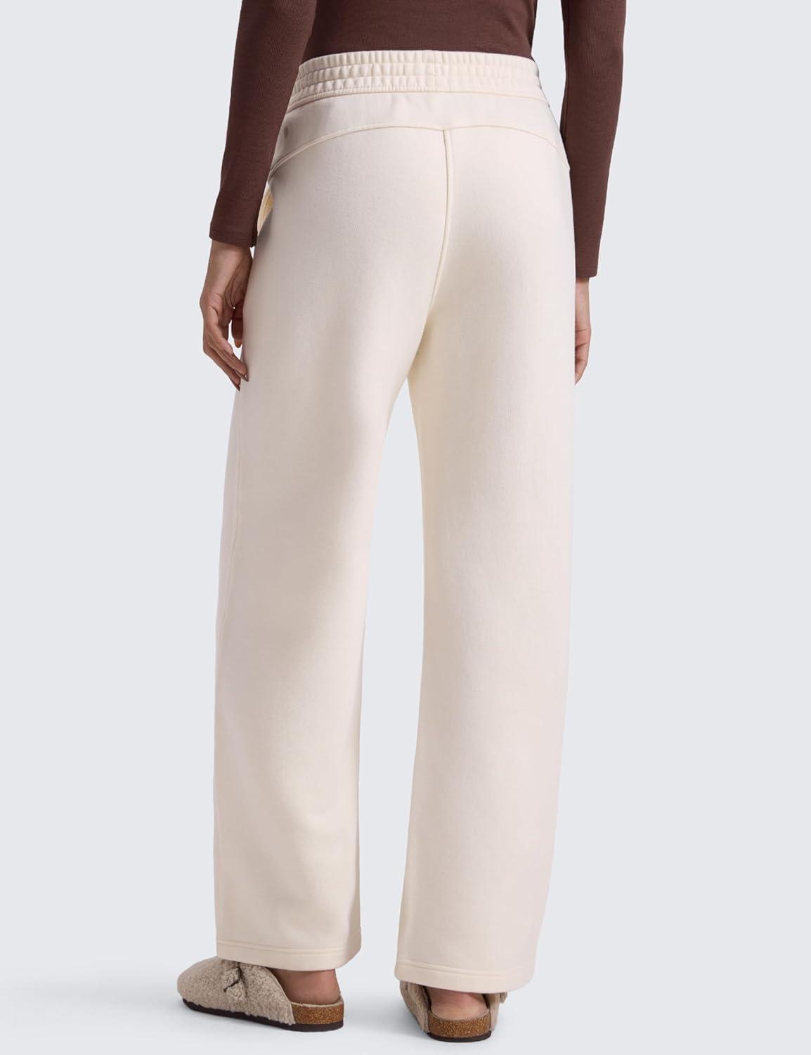 imageCRZ YOGA Cotton Fleece Lined Sweatpants Women 28quot30quot32quot Straight Leg Casual Lounge Pants with Pockets Winter WarmWhite Apricot