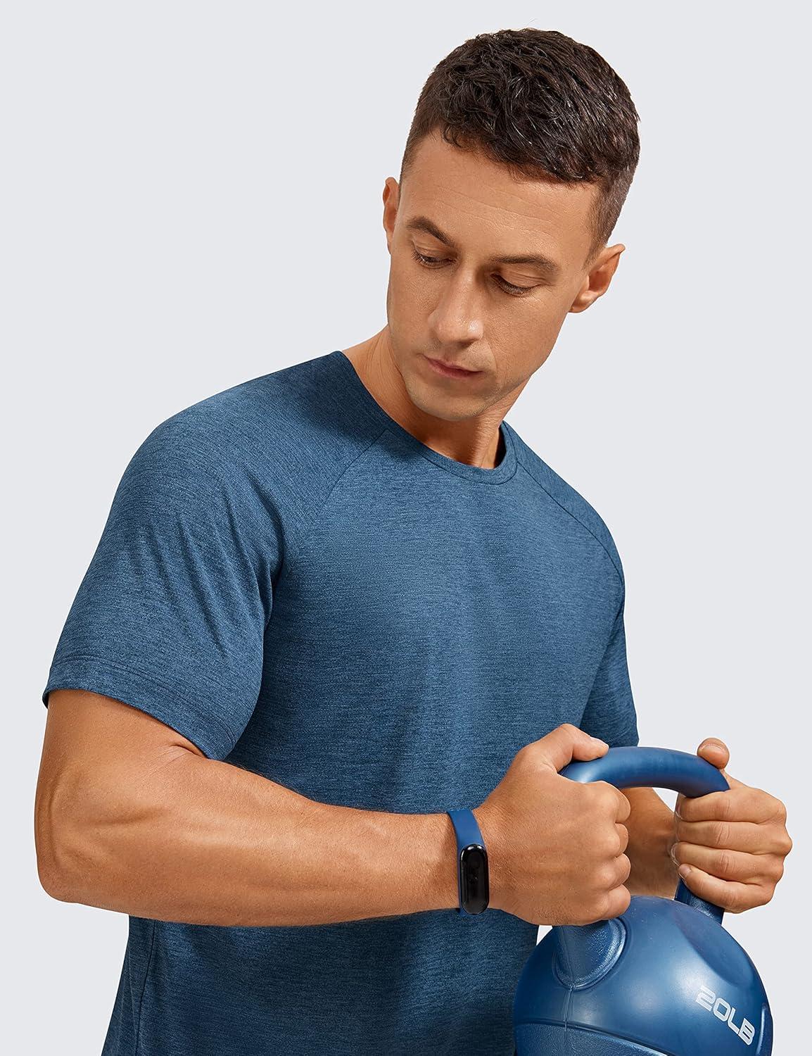 imageCRZ YOGA Crewneck Workout Shirts for Men Quick Dry Running Athletic TShirts Lightweight Basic TopsOcean Blue Heather