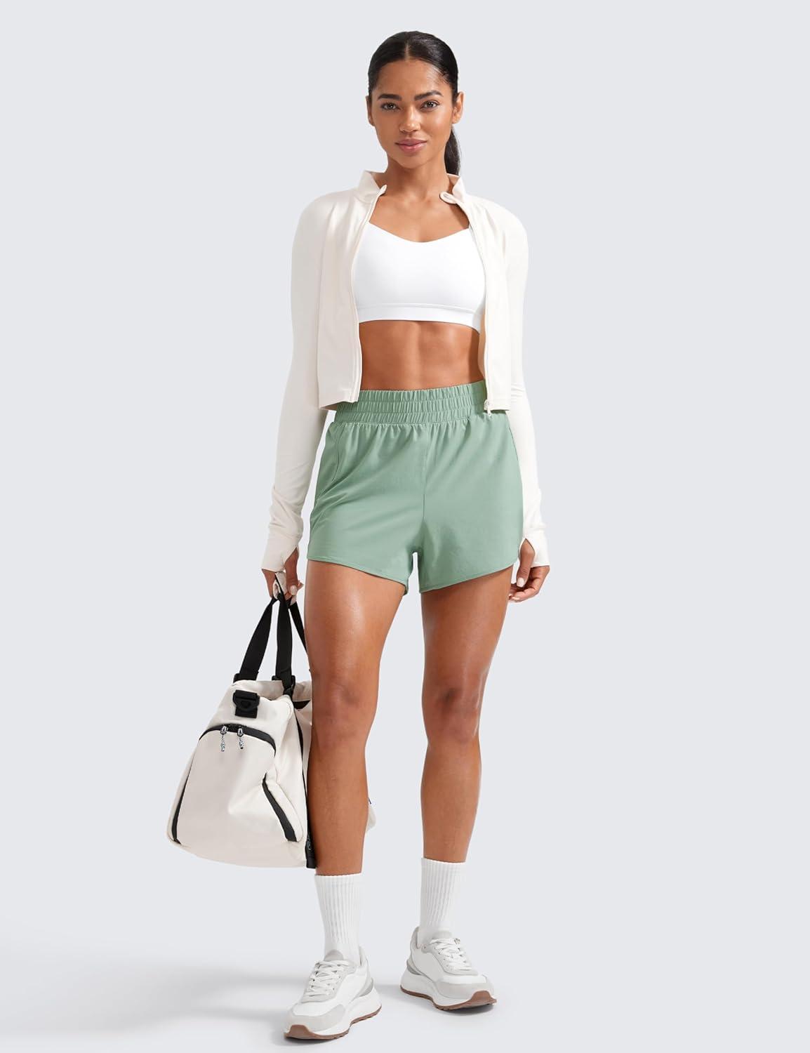 imageCRZ YOGA Dolphin Athletic Shorts for Women 3quot High Waisted Quick Dry for Running Workout Gym Track with Zip PocketGreen Palm Court