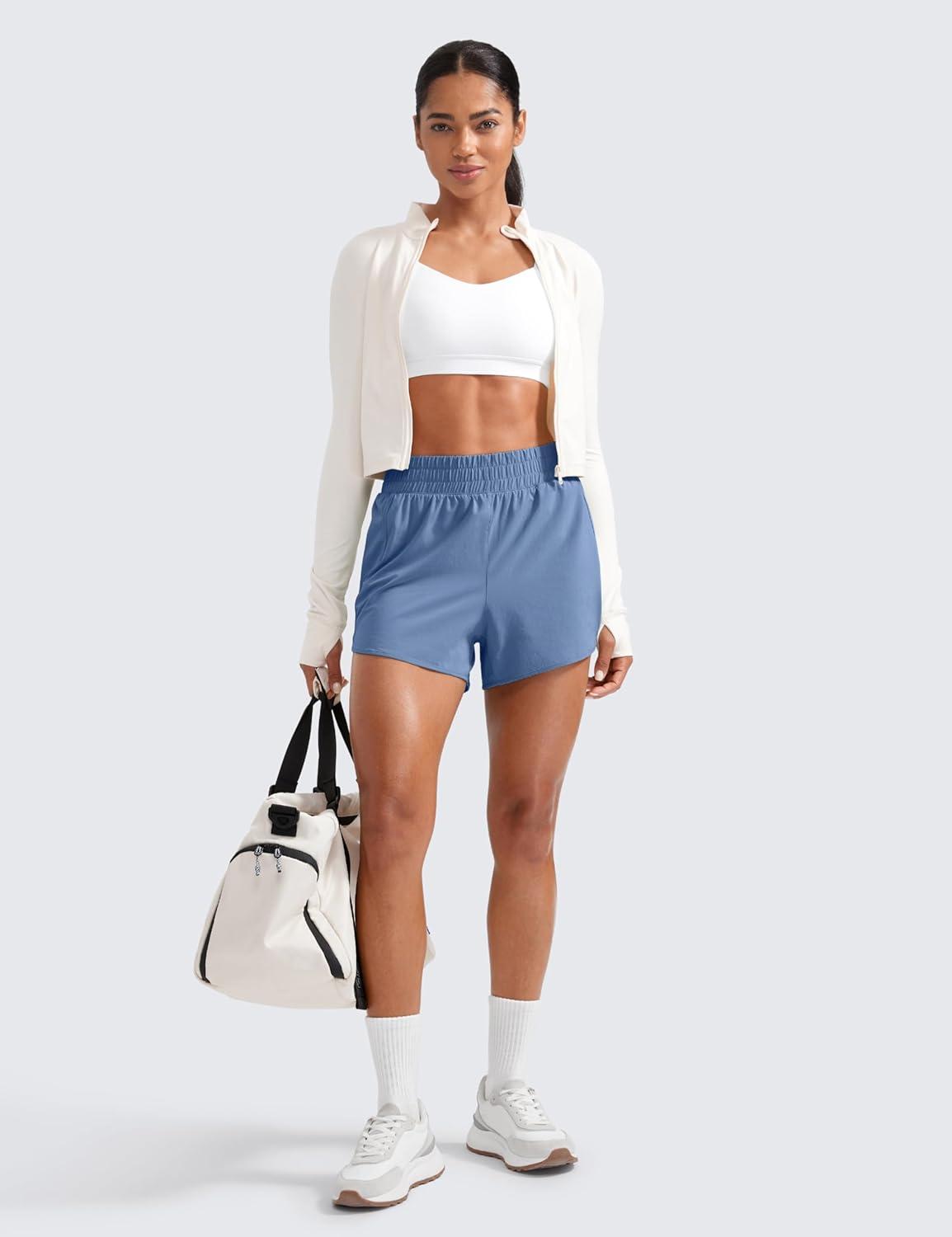 imageCRZ YOGA Dolphin Athletic Shorts for Women 3quot High Waisted Quick Dry for Running Workout Gym Track with Zip PocketOasis Blue