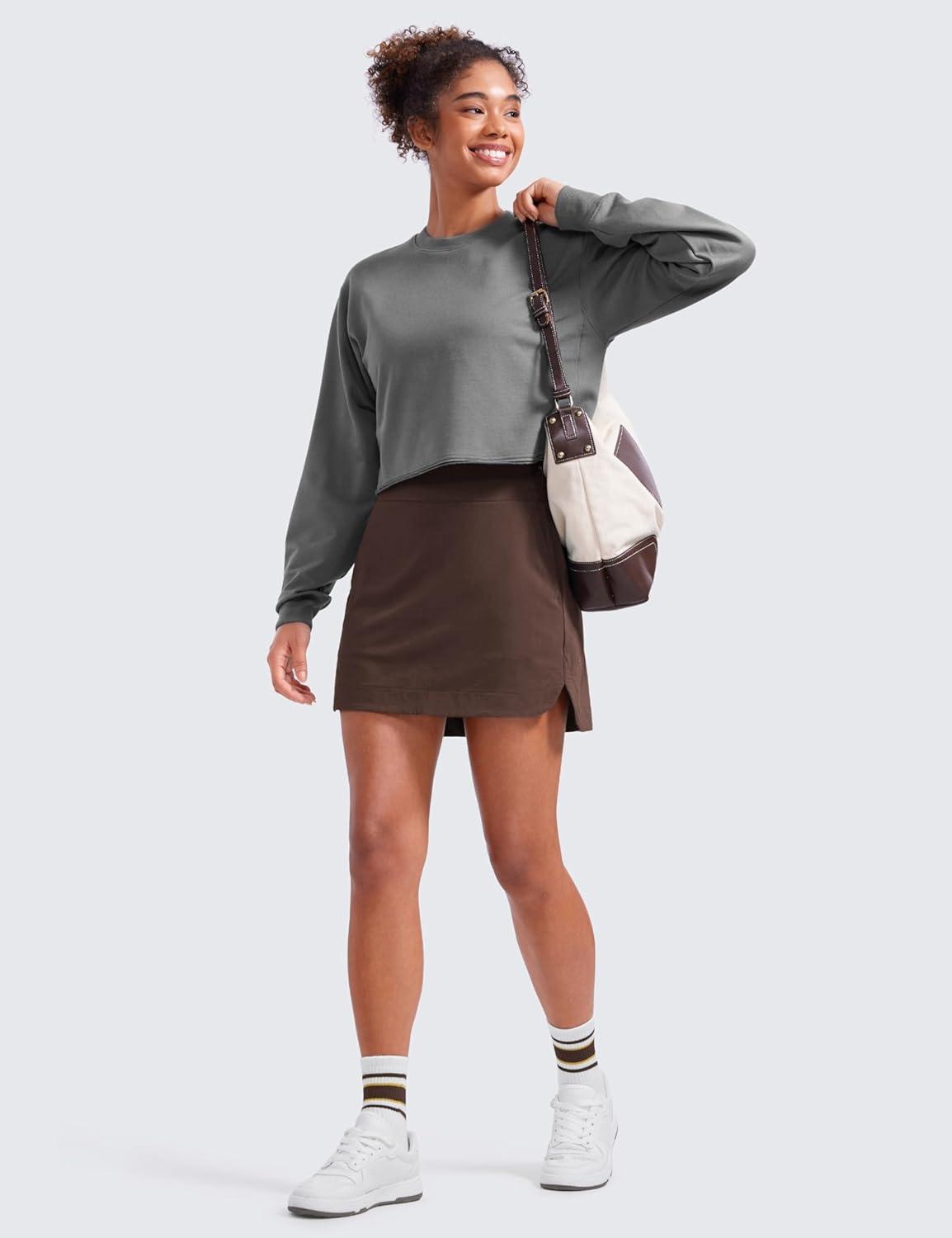 imageCRZ YOGA High Waisted Dolphin Golf Skirts for Women Mini Lined A Line Tennis Casual Skort with Side PocketsHot Fudge Brown
