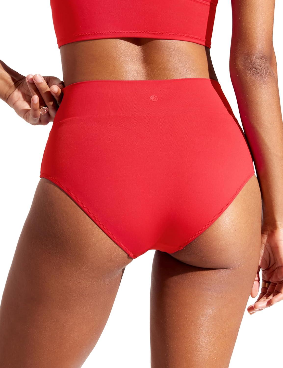 imageCRZ YOGA High Waisted V Cut Bikini Bottom for Women Cross Front Bathing Swimsuit Full Coverage Swim BriefsDeep Red