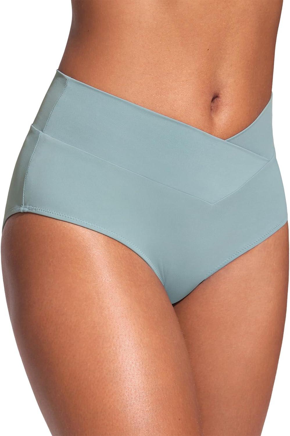 imageCRZ YOGA High Waisted V Cut Bikini Bottom for Women Cross Front Bathing Swimsuit Full Coverage Swim BriefsLight Grayish Blue