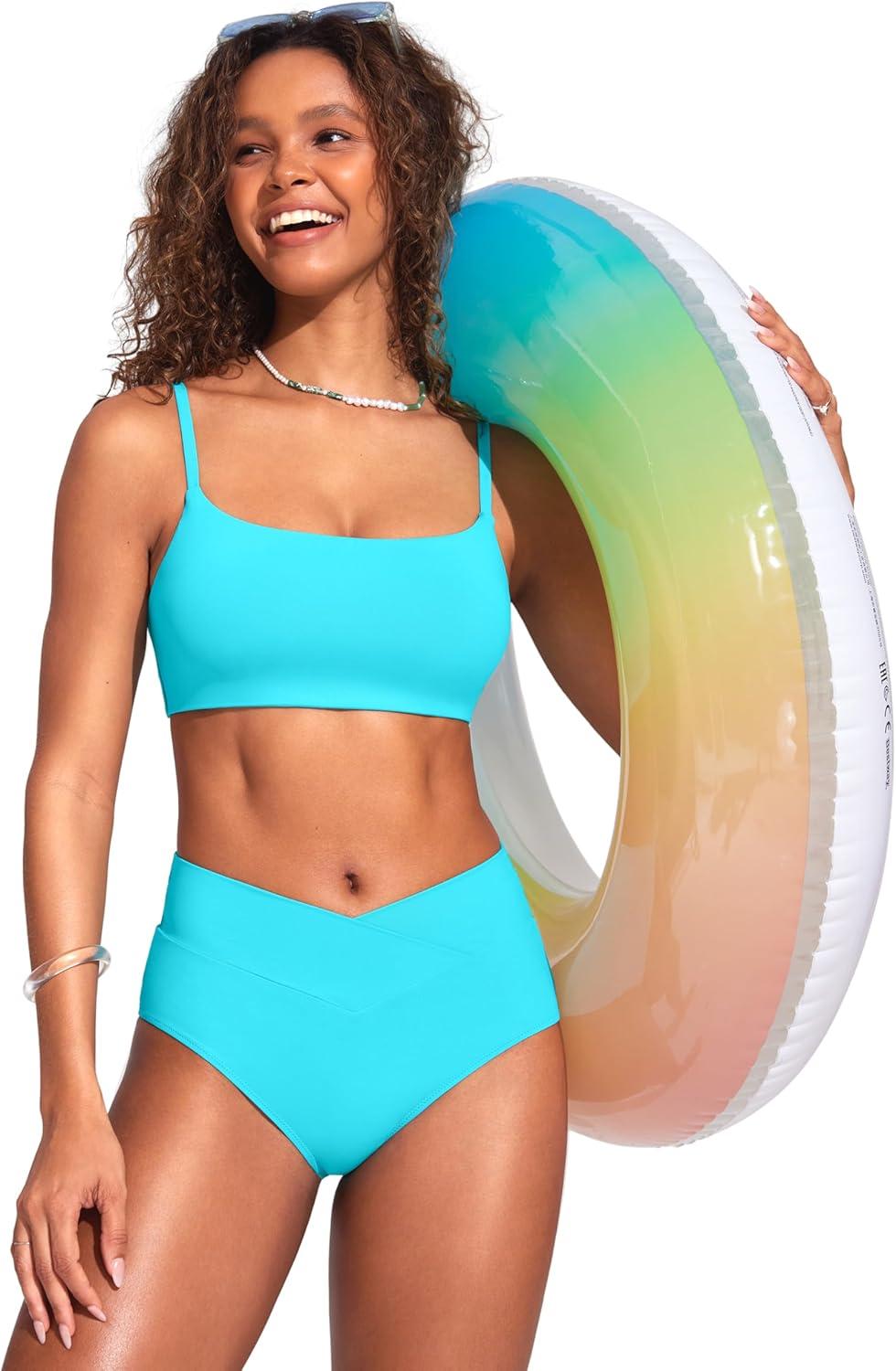 imageCRZ YOGA High Waisted V Cut Bikini Bottom for Women Cross Front Bathing Swimsuit Full Coverage Swim BriefsTurquoise