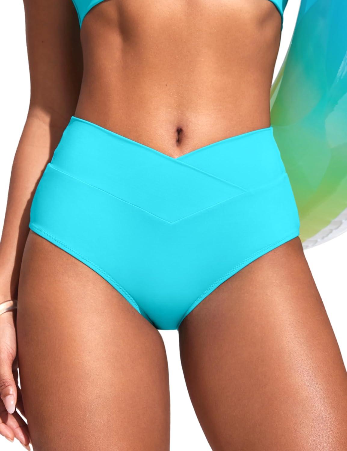 imageCRZ YOGA High Waisted V Cut Bikini Bottom for Women Cross Front Bathing Swimsuit Full Coverage Swim BriefsTurquoise