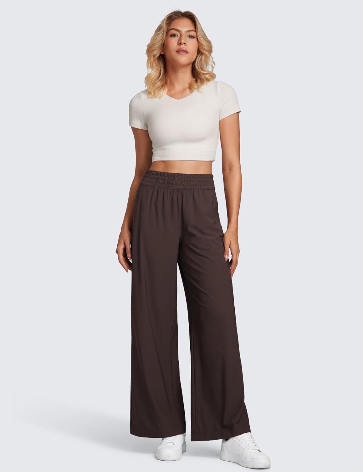 imageCRZ YOGA Lightweight Drapey Wide Leg Casual Pants for Women 30quot Flowy Travel Work Loose Fit SummerHot Fudge Brown
