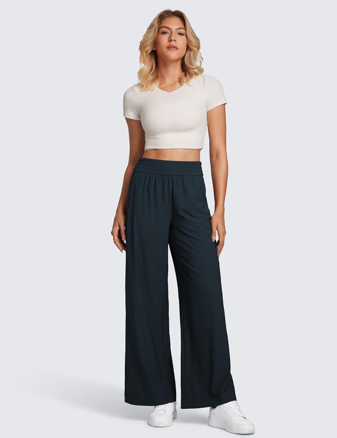 imageCRZ YOGA Lightweight Drapey Wide Leg Casual Pants for Women 30quot Flowy Travel Work Loose Fit SummerTrue Navy