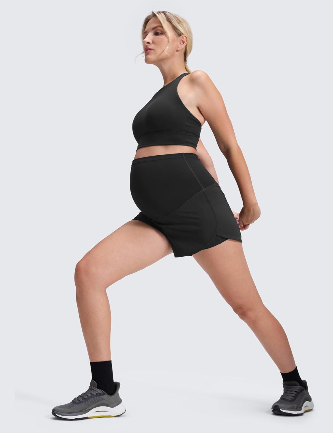 imageCRZ YOGA Lightweight Maternity Dolphin Workout Shorts 3 Soft Athletic Running Casual Womens Pregnancy with Liner PocketsBlack