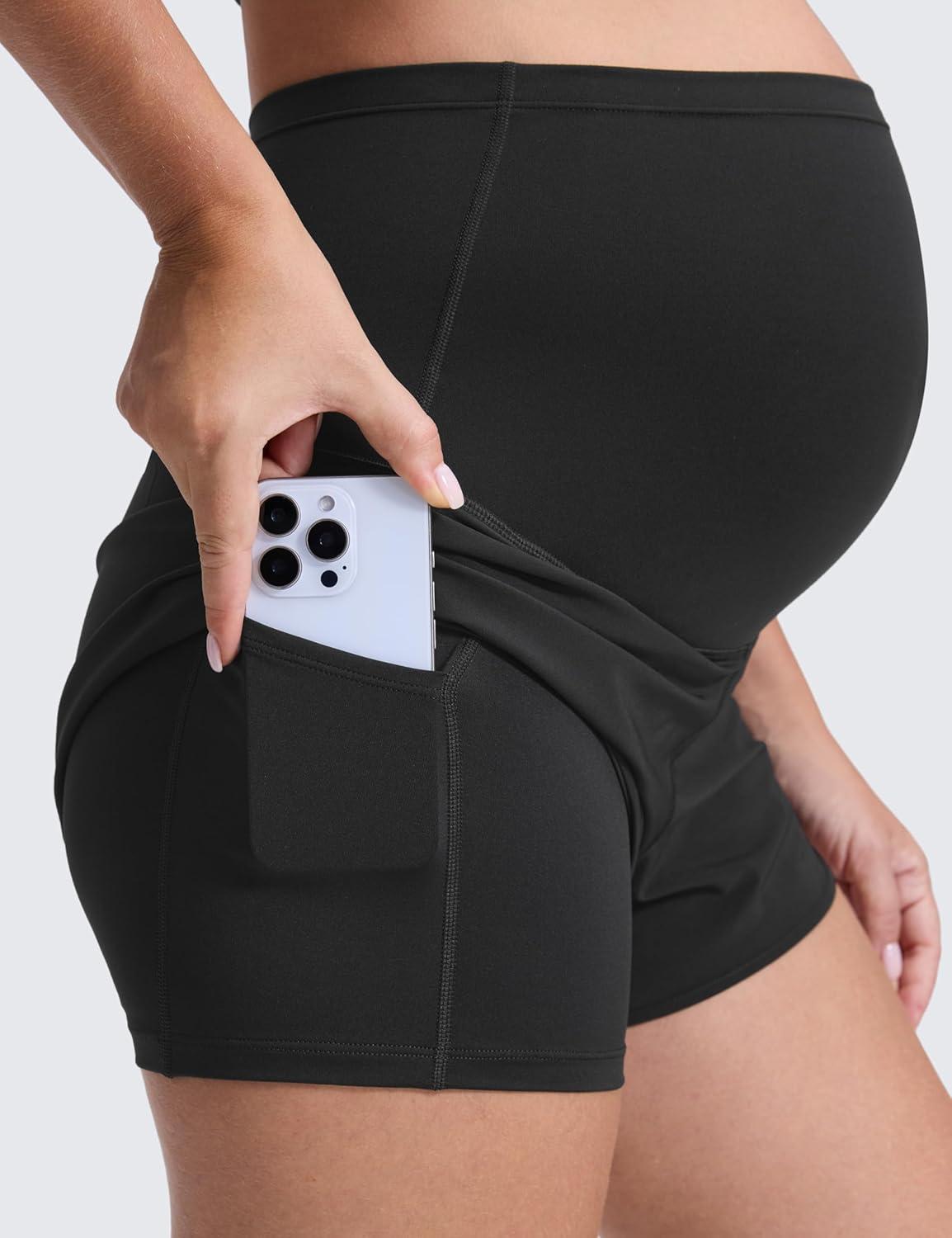 imageCRZ YOGA Lightweight Maternity Dolphin Workout Shorts 3 Soft Athletic Running Casual Womens Pregnancy with Liner PocketsBlack